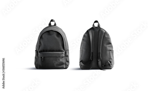 Blank black backpack with zipper and strap mockup, front back
