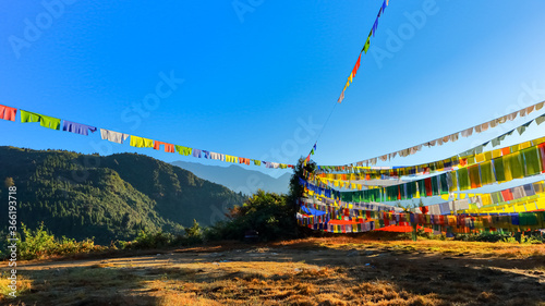 Colourful Tibetan prayer flags against early morning sun rays looking beautiful with the landscape in Sikkim India 
