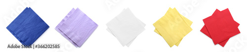 Set with colorful paper napkins on white background, top view. Banner design
