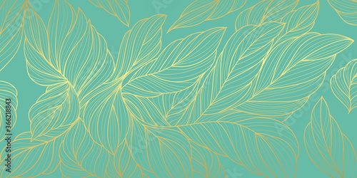 Luxury gold and nature background vector. Floral pattern, Golden split-leaf plant with abstract line arts, Vector illustration.