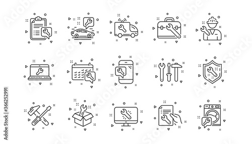 Hammer, Screwdriver and Spanner tool. Repair line icons. Washing machine repair linear icon set. Geometric elements. Quality signs set. Vector