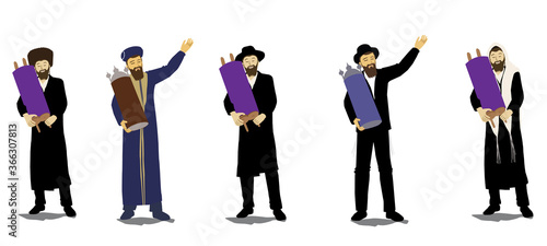 Vector drawing of observant Jews and rabbis, Ashkenazis and Sephardim dressed in authentic Jewish clothes holding closed Torah scrolls and dancing.