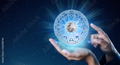 Zodiac signs inside of horoscope circle. Astrology in the sky with many stars and moons astrology and horoscopes concept