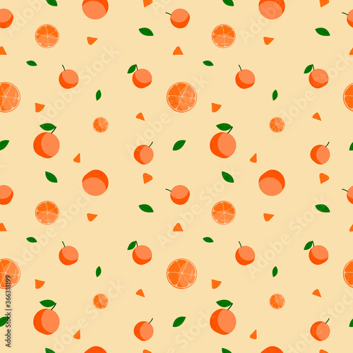 Fruit seamless pattern, Oranges on orange wallpaper. 