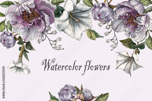 Floral greeting card with violet peonies and datura flower