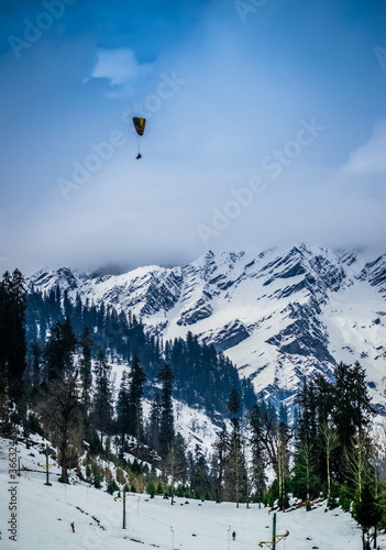 A landscape involving snow capped valley with pine trees and mountains. Paragliding going on