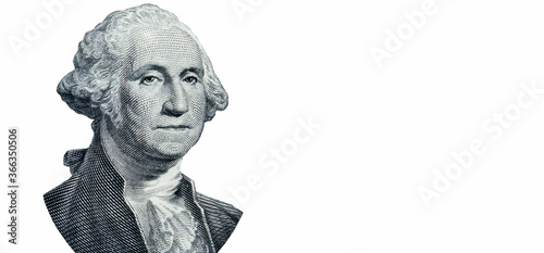 Portrait of George Washington on one Dollar bill isolated on white background as symbol of Business, wealth and profit.