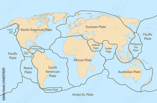 Tectonic plate earth map. Continental ocean pacific, volcano lithosphere geography plates