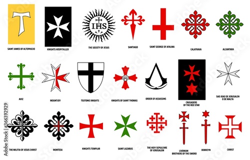 Orders of chivalry vector design of military and religious orders of knights. Medieval knights heraldic emblems with crosses, fleur-de-lis, swords and shields, sun and stars, heraldry themes