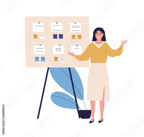 Concept of successful task completion, effective work planning, time management. Happy woman stand by clipboard with note, show gesture ok. Organize agenda. Flat vector illustration isolated on white