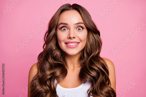 Closeup photo of pretty lady funny facial expression beaming smiling giggling girlish mood big eyes amazing news wear white casual singlet isolated pink color background
