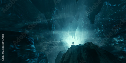 man exploring dark fantasy cave 3d illustration