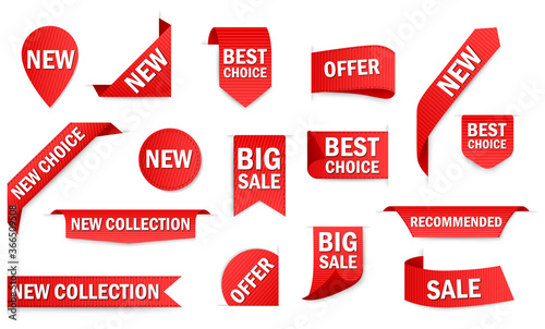 New tag ribbon and banner price tag, new offer vector bundle set. Best choice 3d ribbon banners