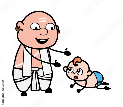 Cartoon South Indian Pandit with Crowling Baby