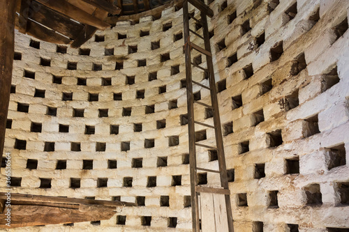 Inside view of Dunster's dovecote with nesting holes and ladder