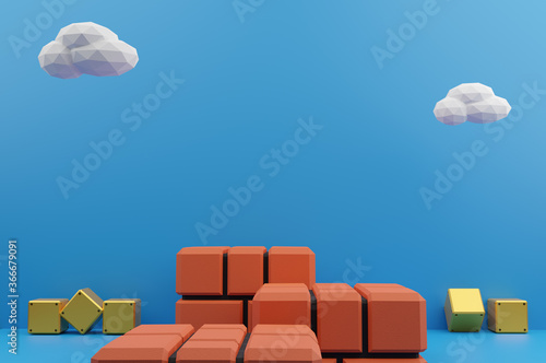 Minimal scene brick block and yellow steel block with white cloud on blue background. Geometric shape.3D rendering.Use For Product Showcase.