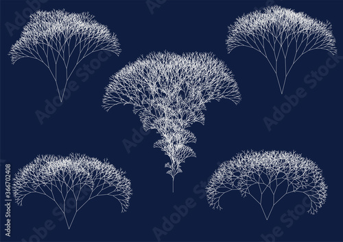 set of computer generated irregular white fractal trees on dark blue background illustrating big data flow