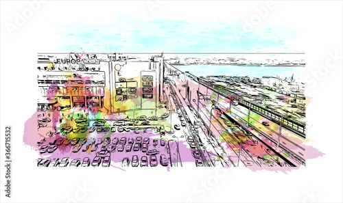 Building view with landmark of Volgograd, formerly Stalingrad, is a city in southwest Russia. Watercor splash with hand drawn sketch illustration in vector.