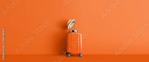Pumpkin wall behind suitcase with hat and sunglasses. Clean travel concept. 3d Rendering