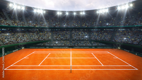 Orange clay tennis court and illuminated outdoor arena with fans, upper side view, professional tennis sport 3d illustration background.