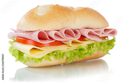 Sub sandwich with ham and cheese isolated on white