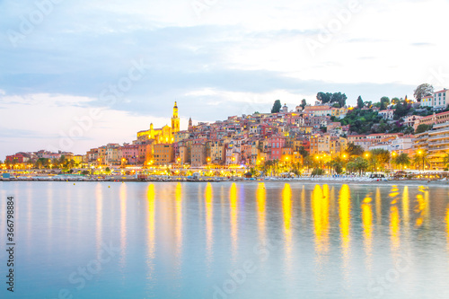 Menton mediaeval town on the French Riviera in the Mediterranean during sunset, France. 