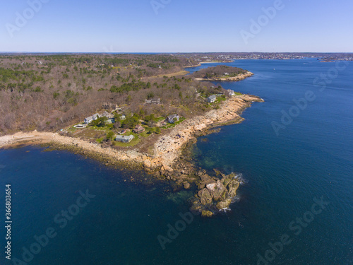 Historic coastal buildings and Mussel Point aerial view on Gloucester Harbor in village of Magnolia in Gloucester, Cape Ann, Massachusetts MA, USA.