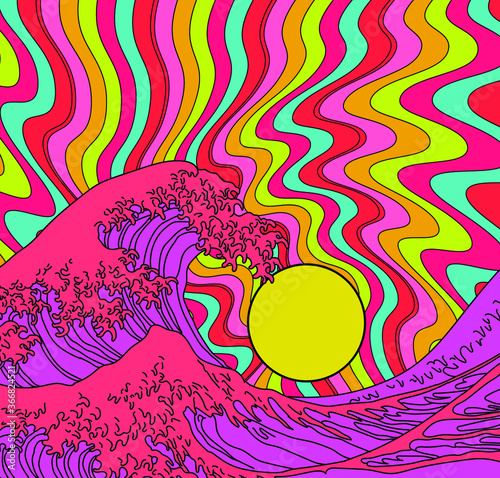 Great Wave in Psychedelic Hippie style. View on the ocean's crest leap stylized like the Pop art of the Sixties.