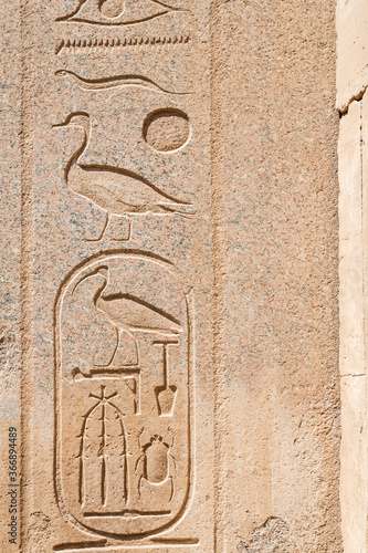 LUXOR, EGYPT - FEBRUARY 28, 2020: Close up view of cartouche on wall in Karnak temple