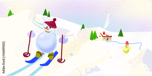 Snowman skiing in a mountain landscape. Christmas's day. Vector illustration. Can use of banner, brochure, flyer, greeting card.