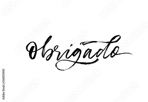 Obrigado ink brush vector lettering. Thank you in Portuguese. Modern phrase handwritten vector calligraphy. Black paint lettering isolated on white background. Postcard, greeting card, t shirt print.