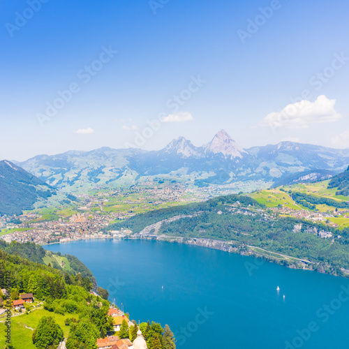 Panoramic aerial view of the canton Schwyz in central Switzerland. Mountain peaks Great Mythen 1898 m and Small Mythen 1811 m