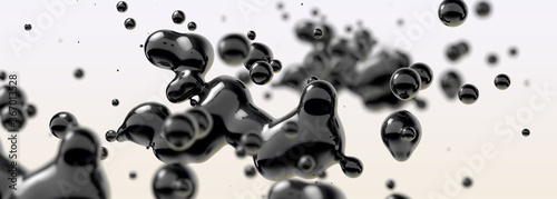 Abstract black liquid drops background.3d illustration.Ink or fluid shapes.Science physics and chemistry