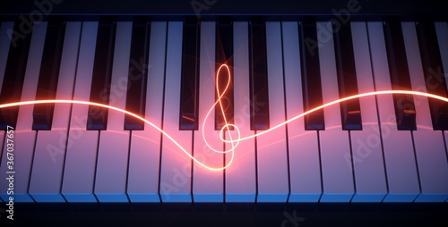 Luminous treble clef on piano keys.