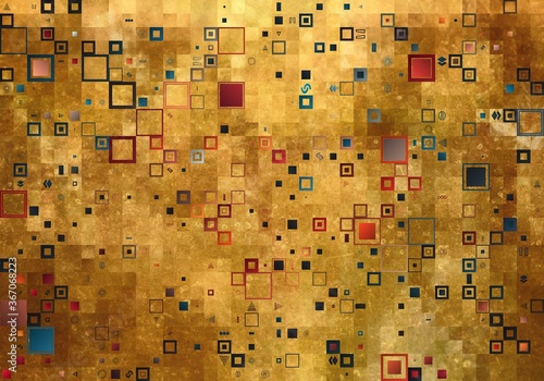 Blue and golden abstract geometric pattern, gold mosaic.