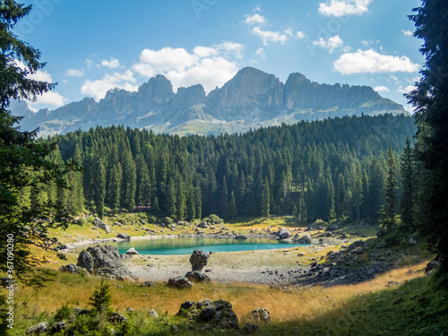 Karersee below the Karerpass at the foot of the Latemar massif