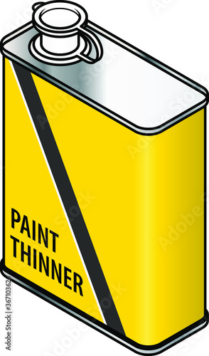 A yellow rectangular metal tin of paint thinner.