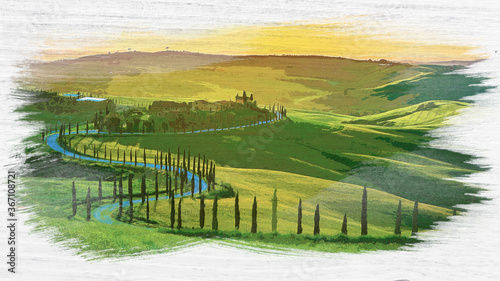 Sunset over the winding road with cypresses, Tuscany, watercolor painting