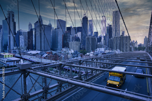 New york Manhattan sunset view from brooklyn bridge
