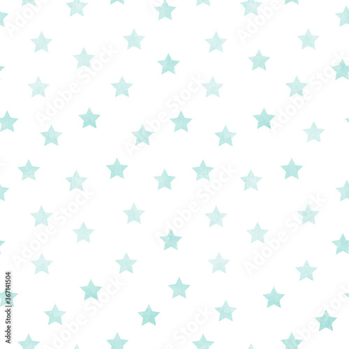 Vector seamless pattern of mint watercolor stars on a white background