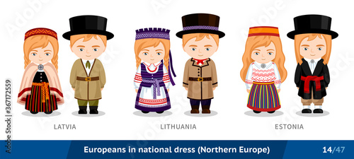 Latvia, Lithuania, Estonia. Men and women in national dress. Set of european people wearing ethnic clothing. Cartoon characters in traditional costume. Northern Europe. Vector flat illustration.