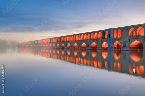 Historical Siosepol Bridge over the River Zayanderud in Isfahan, Iran