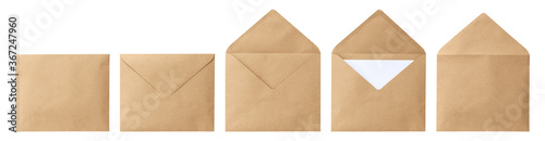 Brown envelope front and back isolated on white background. Letter top view. Object with clipping path