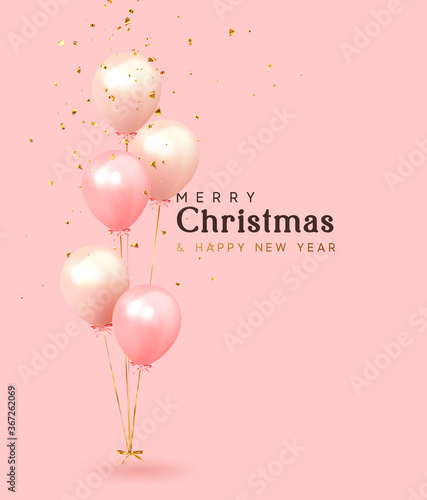 Christmas background. Festive background with helium balloons. Poster, banner happy anniversary. Realistic decorative design elements. Vector 3d object ballon with ribbon, pink and coral color.
