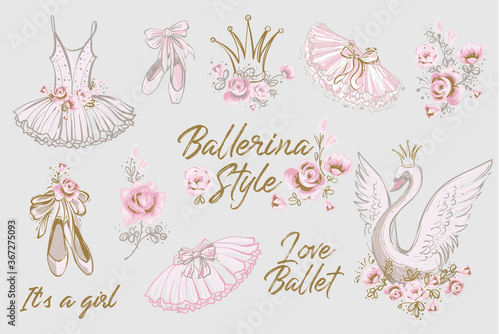 Cute ballet vector watercolor set. Hand drawn balerina dress, tutu skirt, shoes, swan, flowers, slogan, lettering sketch. Gold and pink vintage illustration white background. Baby girl fashion design