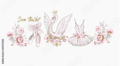 Ballet cute t-shirt design. Princess swan, I love ballet slogan, dress, tutu skirt, pointe shoes, ballerina flowers. Watercolor vector sketch. Vintage illustration white background. Baby girl fashion