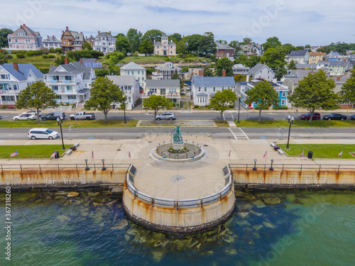 Gloucester Fisherman's Memorial (a.k.a. Man at the Wheel) located near the entrance of Gloucester city at Gloucester Harbor, Cape Ann, Massachusetts MA, USA. 