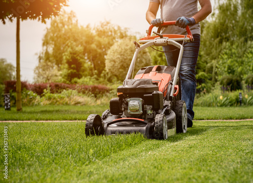 Gardener mowing the lawn. Landscape design. Green grass background