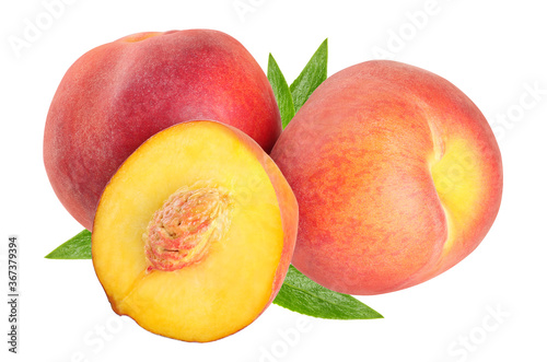 peaches with a slice isolated on white background