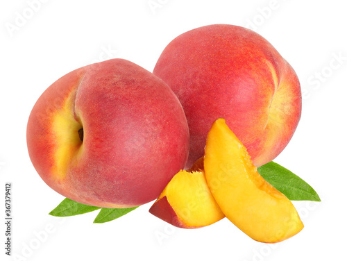 peaches with a slice isolated on white background